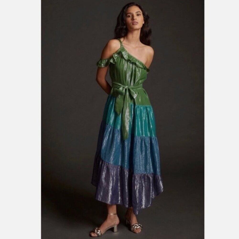Anthropologie Maeve Metallic Ruffled One-Shoulder Color Block Belted Midi Dress